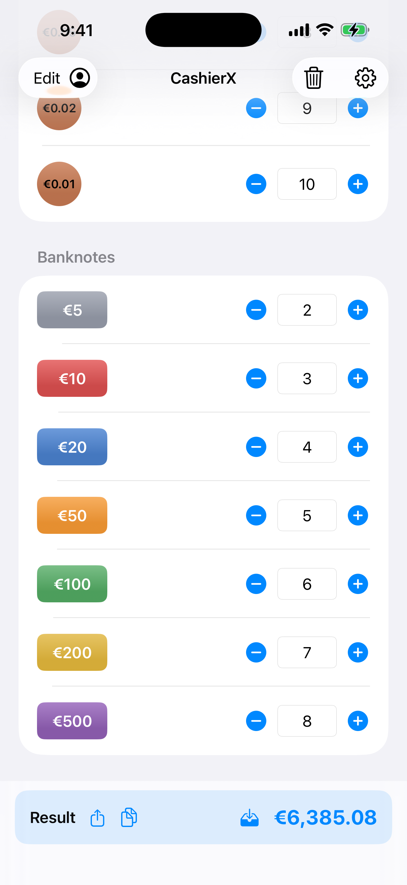 Madeni para ve banknot adetlerinin girildiği CashierX ana ekranı
