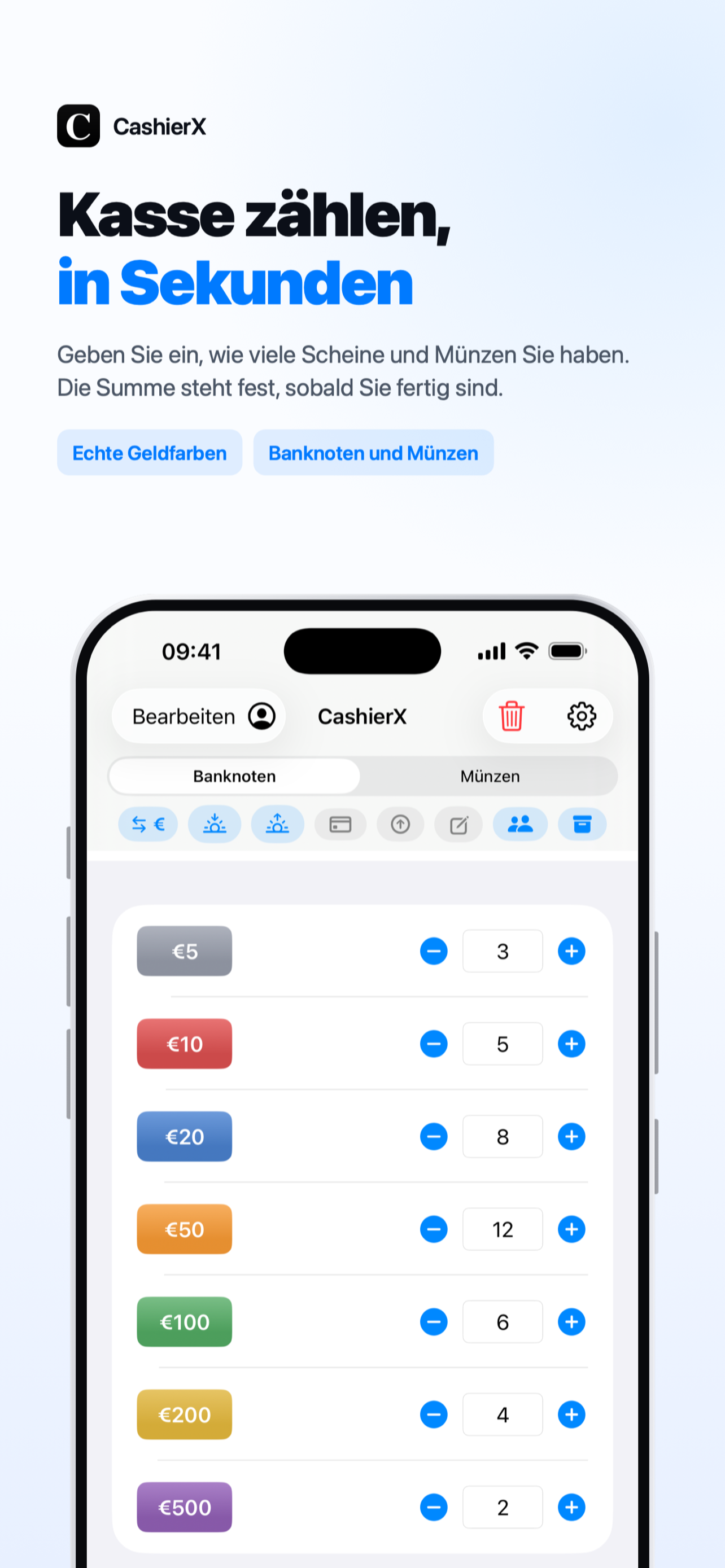 CashierX Hauptbildschirm mit der Eingabe der Anzahl von Münzen und Scheinen