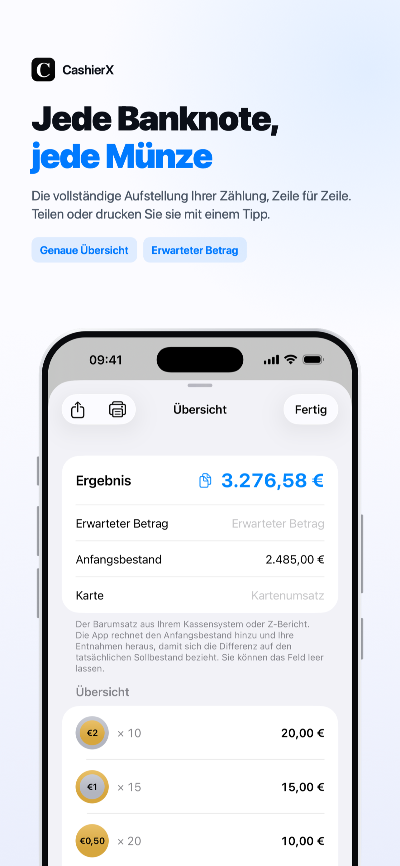 CashierX Übersicht mit Summe und Aufteilung nach Scheinen und Münzen