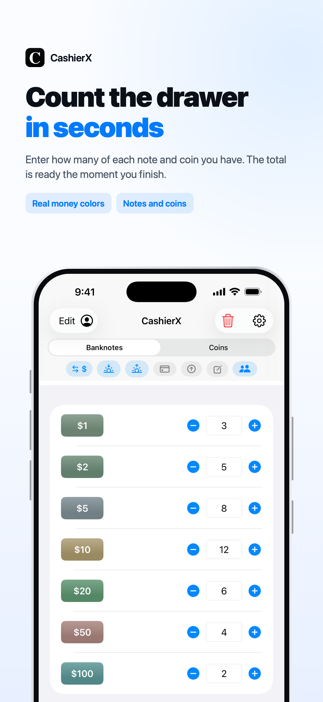 CashierX main screen for entering coin and banknote quantities