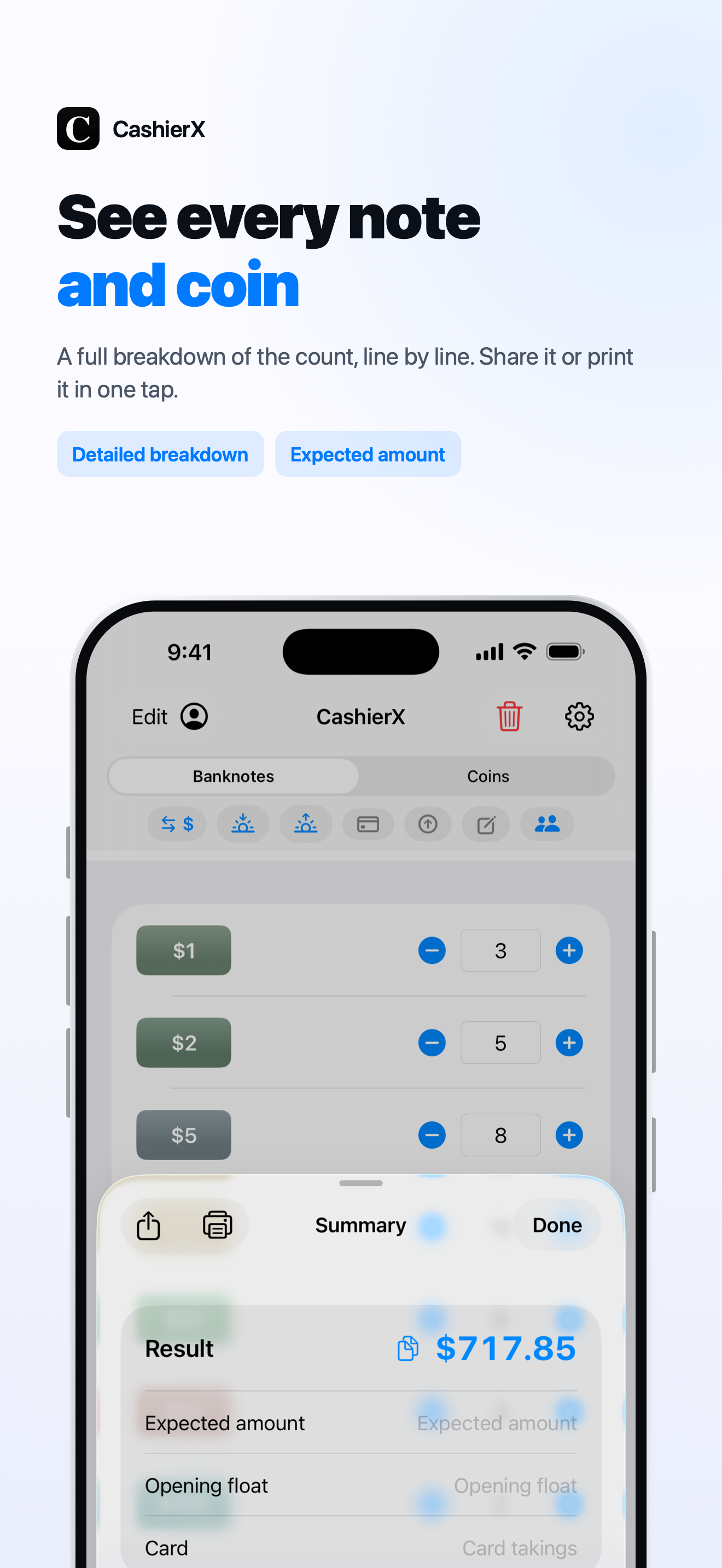 CashierX summary showing the total and denomination breakdown