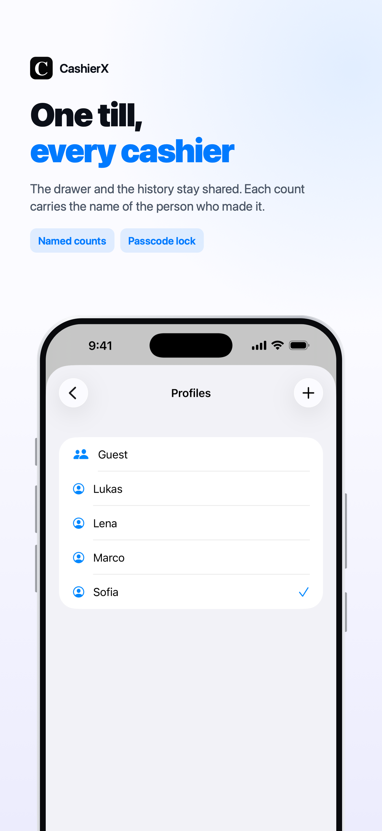 CashierX profile selection screen