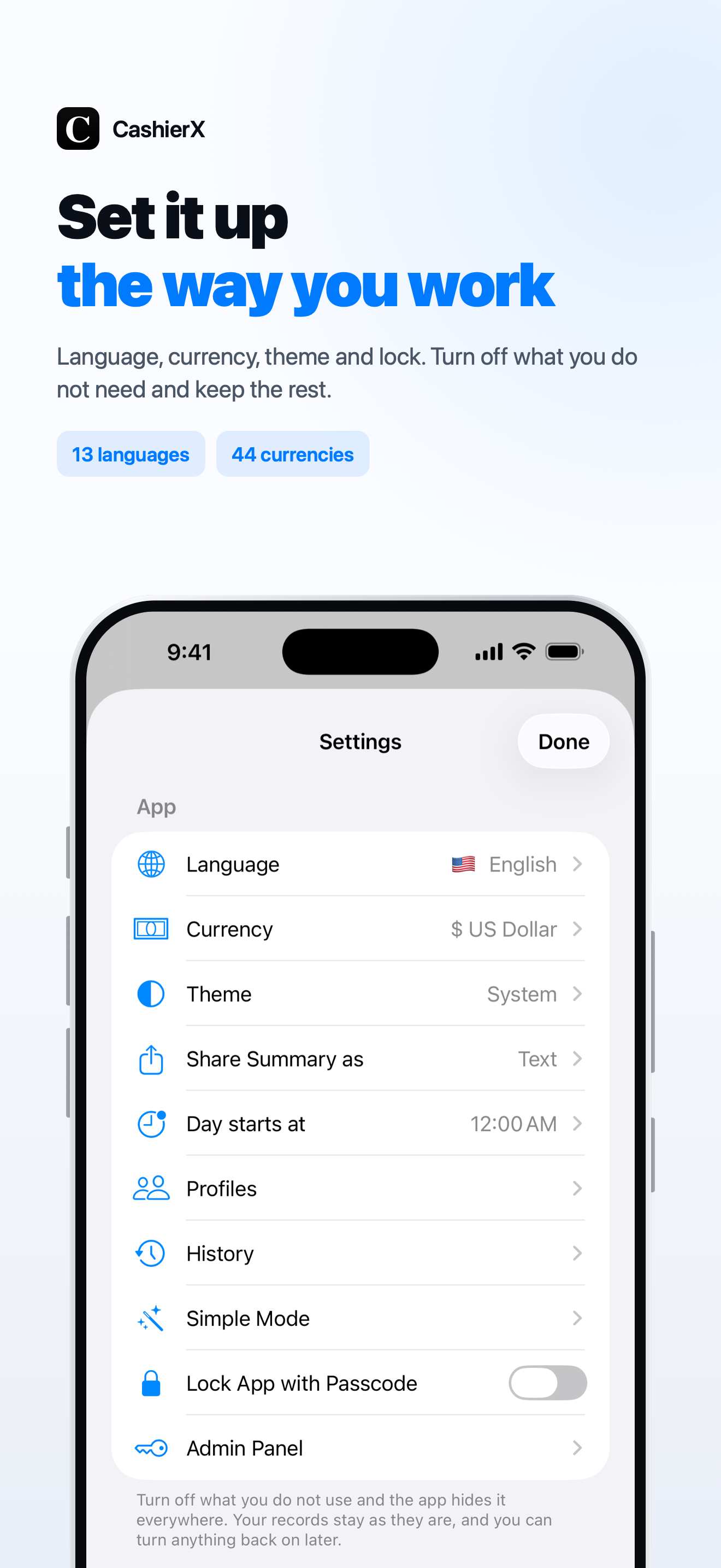 CashierX settings screen