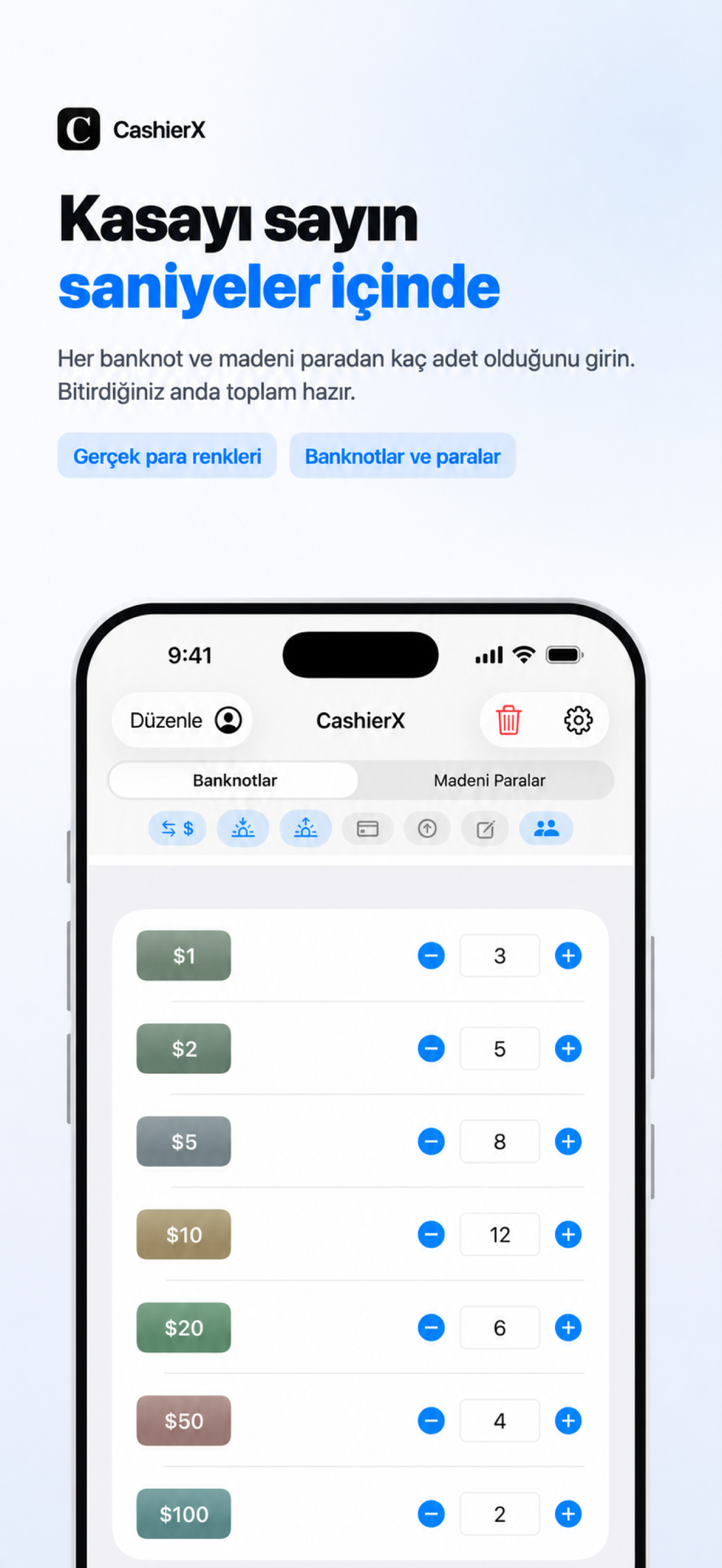 Madeni para ve banknot adetlerinin girildiği CashierX ana ekranı