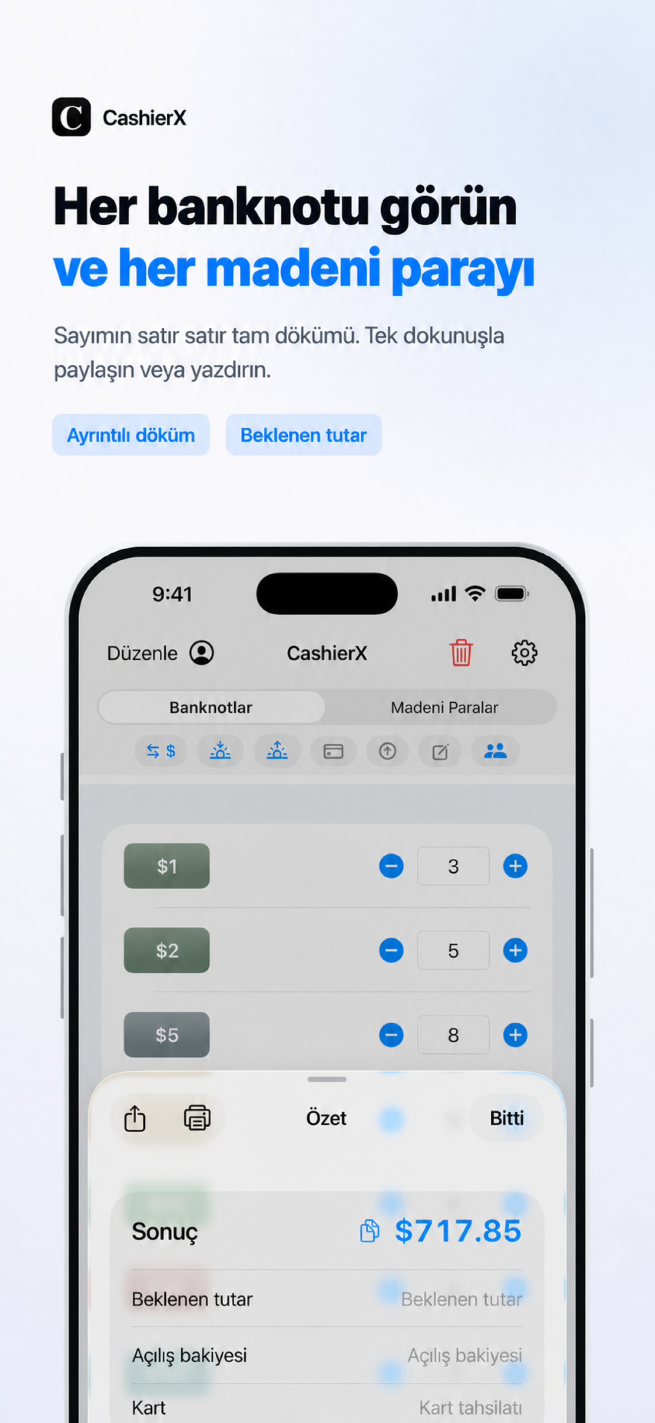 Toplamı ve kupür dökümünü gösteren CashierX özet ekranı