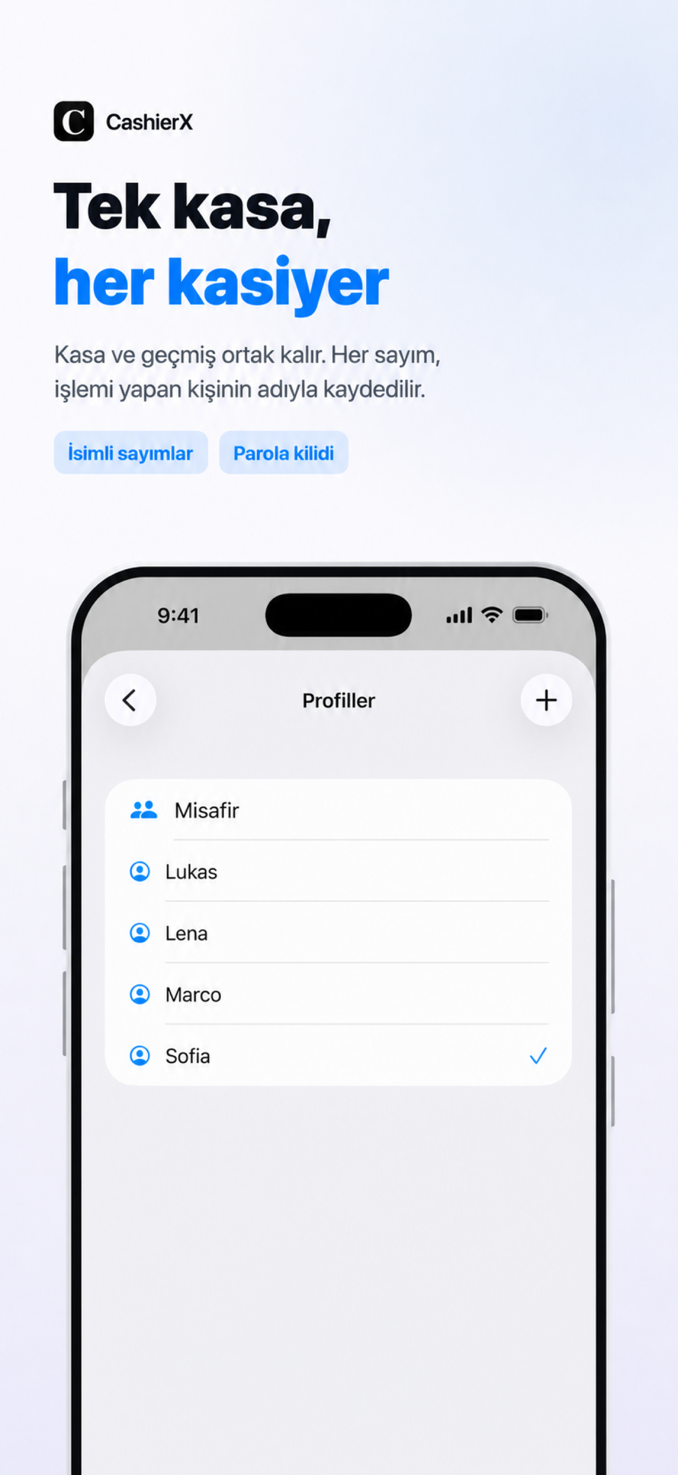 CashierX profil seçim ekranı