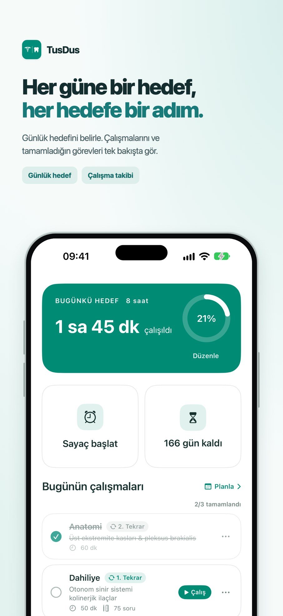 Daily goal, study timer and today’s tasks.