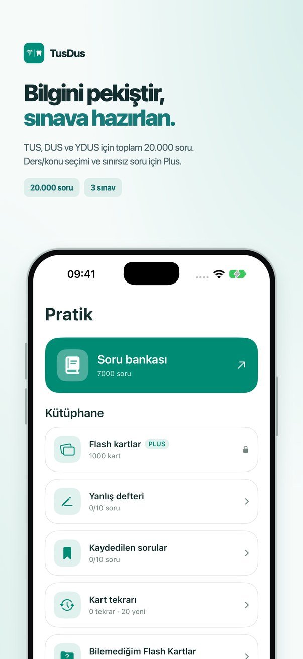 Soru bankası, yanlış defteri, kaydedilen sorular ve sözlük.
