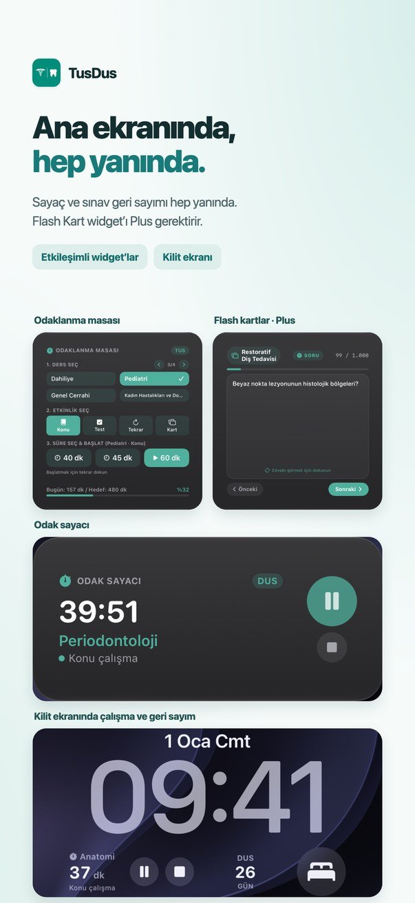 Odaklanma masası, flash kart, sayaç ve kilit ekranı widget’ları.